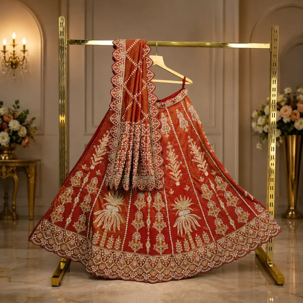 Women's Terracotta Bridal Lehenga Choli with Gold Palm Embroidery and Matching Dupatta