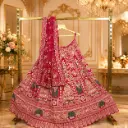 Women's Red Bridal Lehenga Choli with Peacock Embroidery, Sequins & Matching Net Dupatta for Wedding
