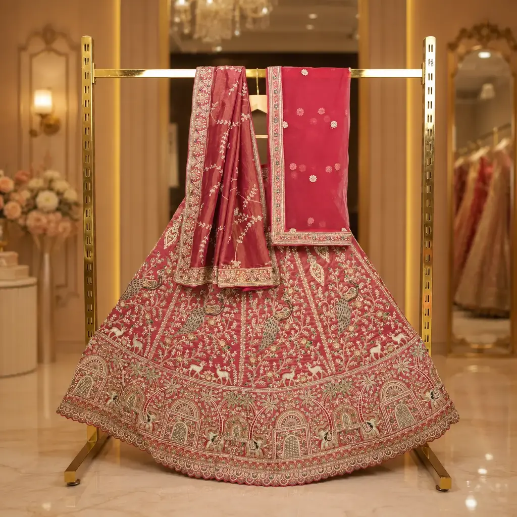 Women's Rose Pink Bridal Lehenga Choli with Peacock Embroidery and Dual Dupatta