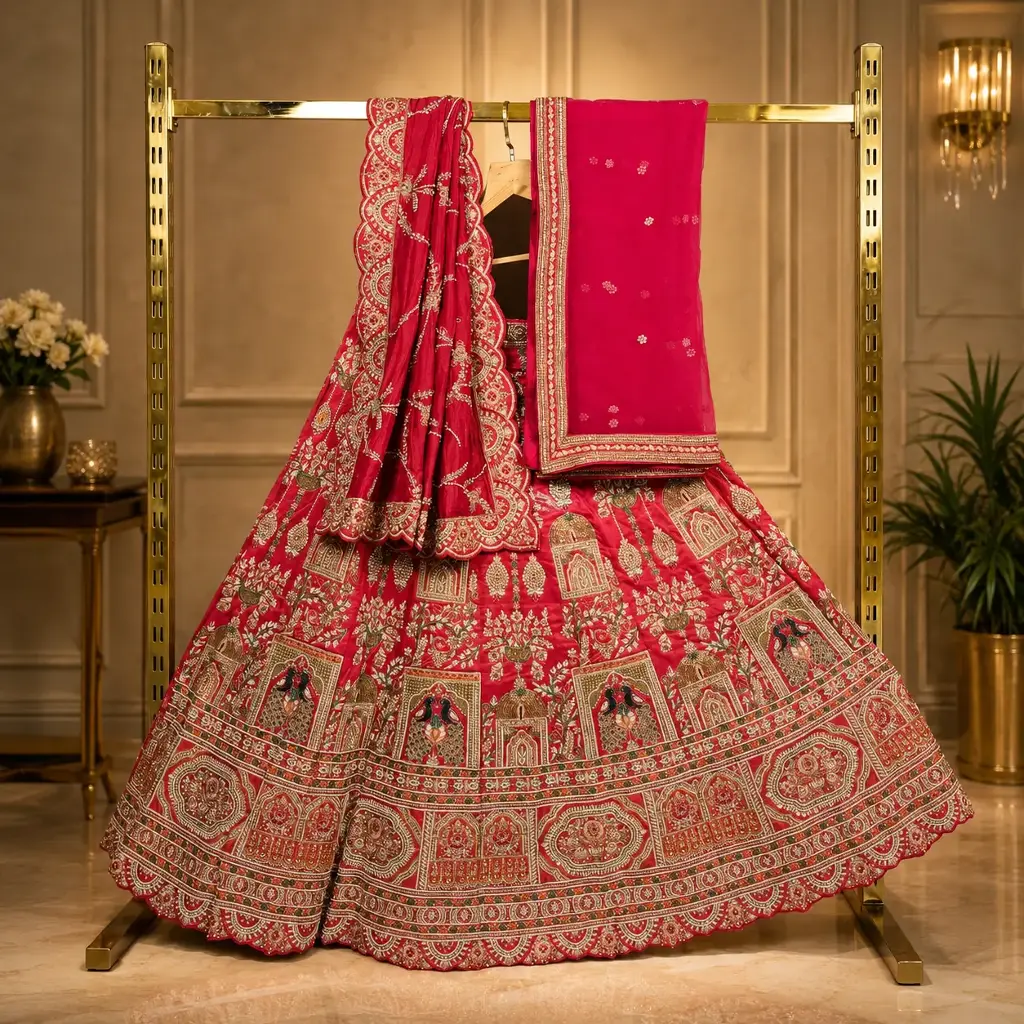 Women's Rose Pink Bridal Lehenga Choli with Temple Motif Embroidery and Matching Dupatta