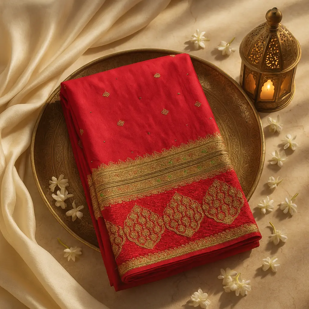 Red and Olive Green Dual-Tone Silk Embroidered Saree
