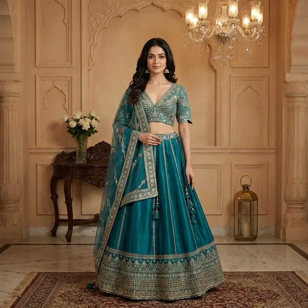 Peacock Teal Silk Embroidered Bridal Lehenga Choli Set