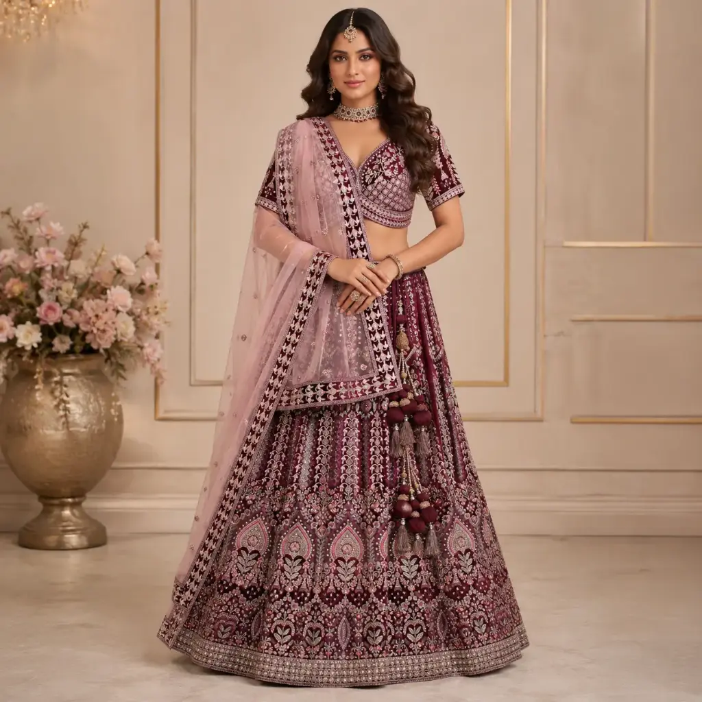 Women's Wine Embroidered Lehenga Choli with Blush Pink Net Dupatta for Wedding and Festive Wear Sets
