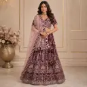 Women's Wine Embroidered Lehenga Choli with Blush Pink Net Dupatta for Wedding and Festive Wear Sets