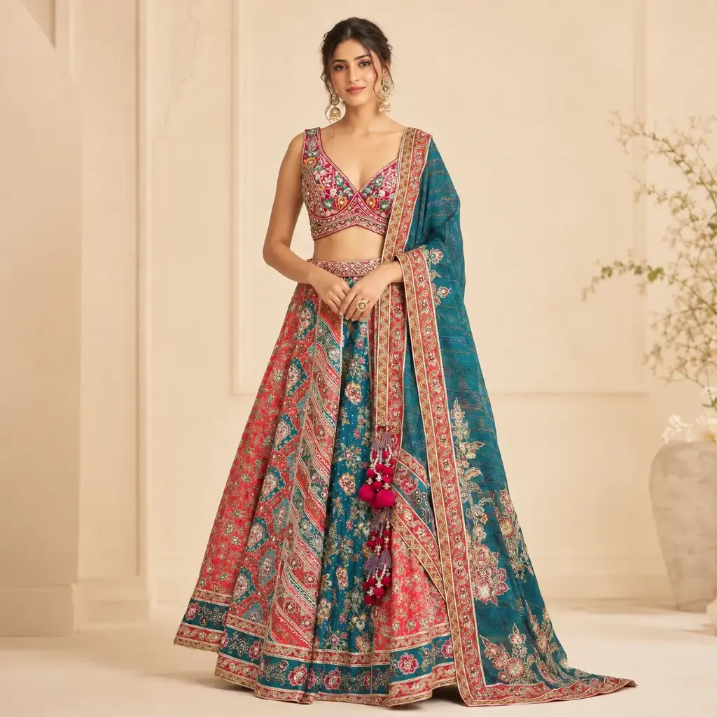 Women’s Teal n Red Printed Lehenga Choli with Dupatta, Sleeveless V-Neck Blouse