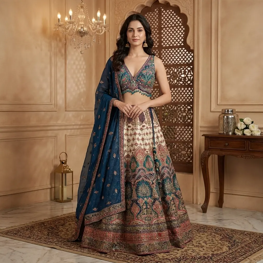 Cream and Peacock Blue Embroidered Silk Bridal Lehenga Choli Set