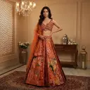 Rust Velvet and Printed Panelled Designer Lehenga Choli Set
