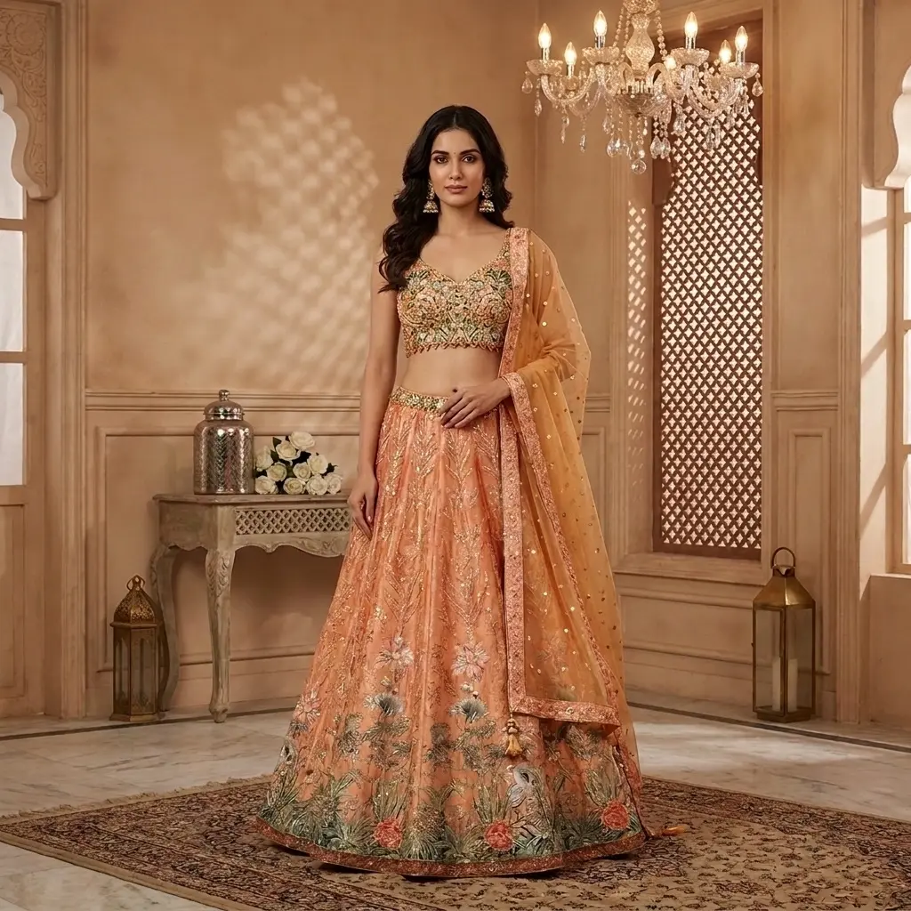 Peach Orange Embroidered Silk Crop Top Lehenga Set