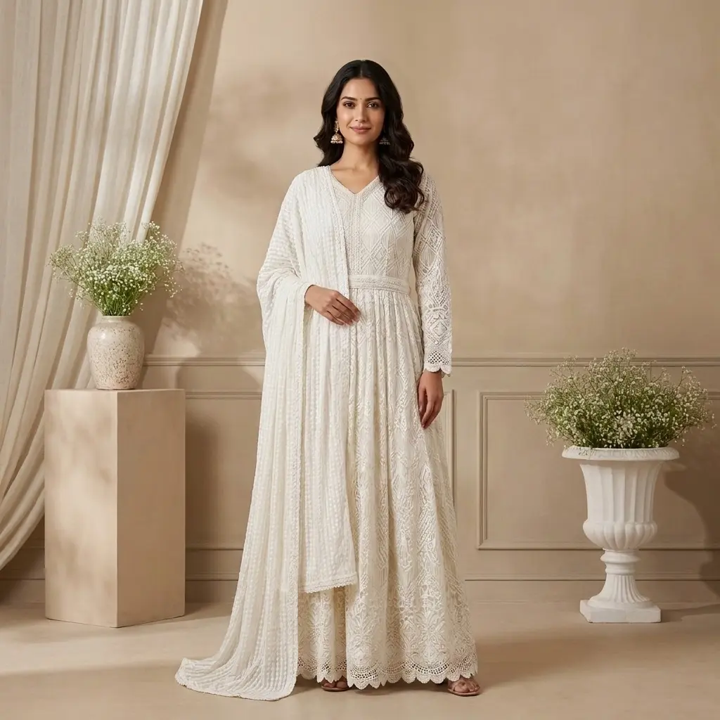 Ethereal Ivory Embroidered Georgette Flared Anarkali Gown Set 