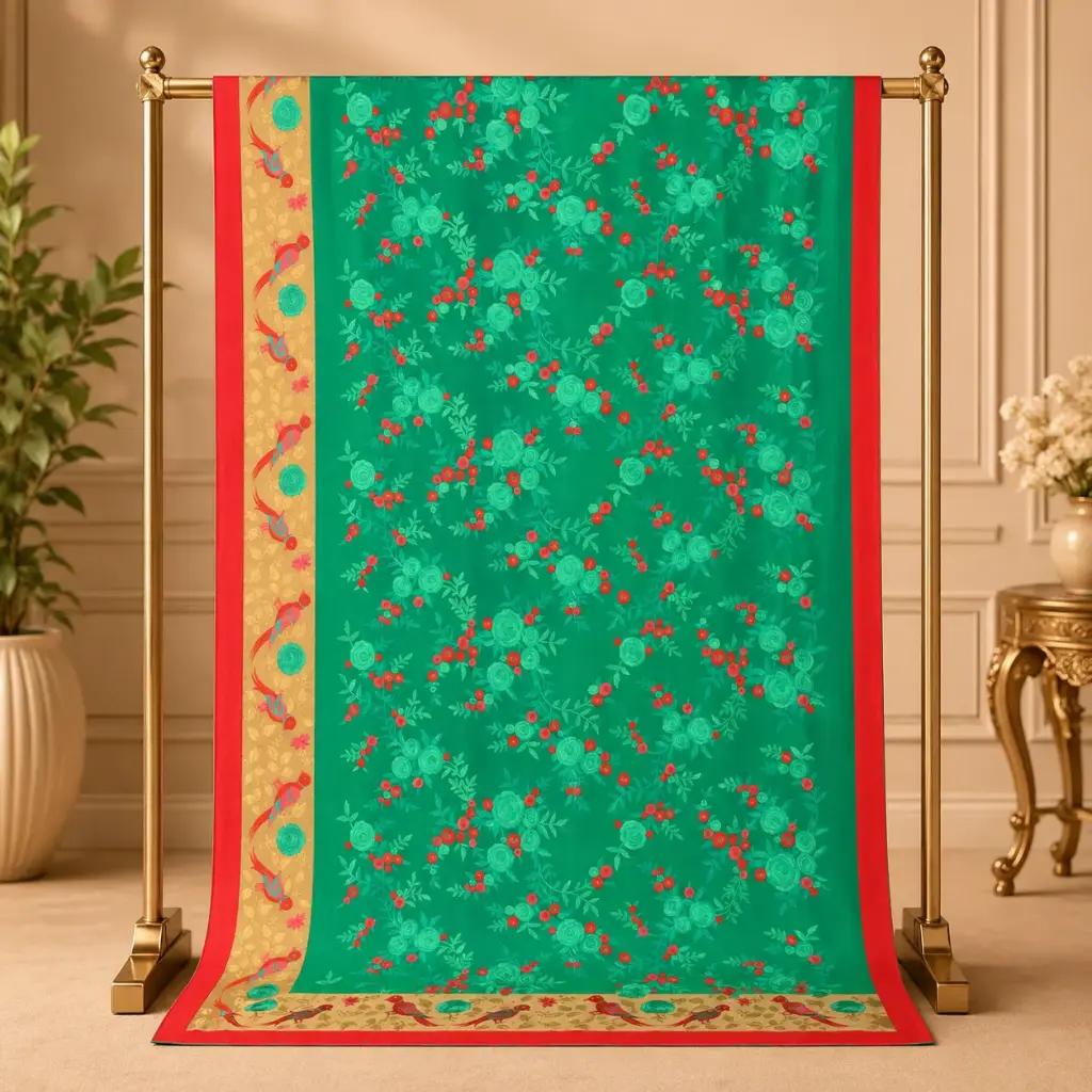 Women's Teal Green Saree with Rose Floral Print, Bird Border