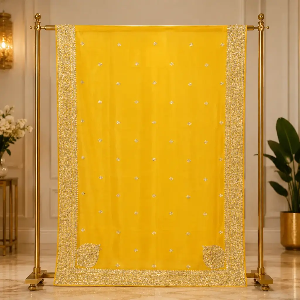 Mustard Yellow Saree with Sequin Motifs and Heavy Embroidered Border
