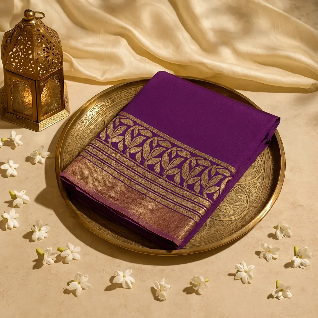 Elegant Purple Silk Saree with Traditional Gold Zari Border