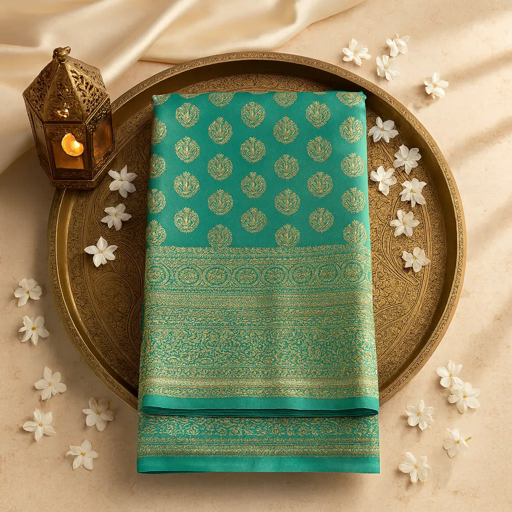 Elegant Teal Ombre Banarasi Silk Saree with Traditional Zari Work