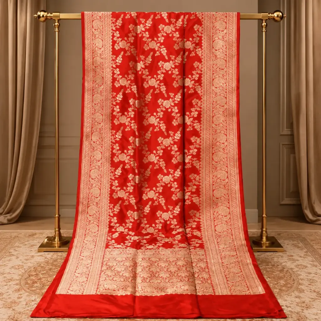 Red Banarasi Style Silk Saree with Golden Floral Zari Weave and Broad Traditional Border