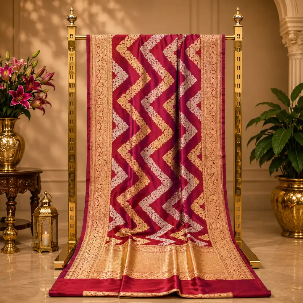 Regal Red Purple Woven Saree with Gold Silver Chevron Motifs and Ornate Zari Border