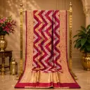 Regal Red Purple Woven Saree with Gold Silver Chevron Motifs and Ornate Zari Border