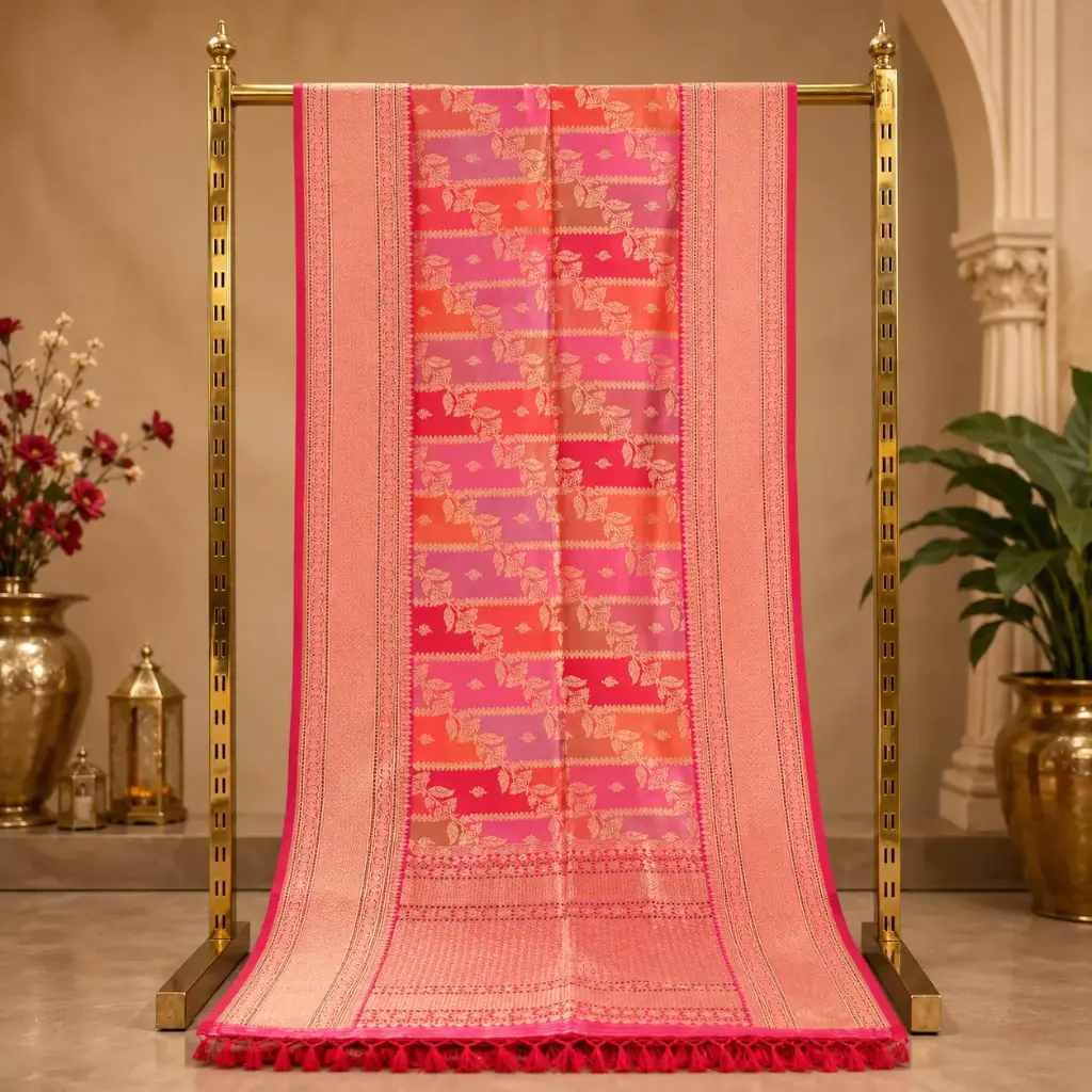 Elegant Pink Coral Banarasi Style Saree with Golden Zari Floral Weave, Rich Border and Tassel Pallu