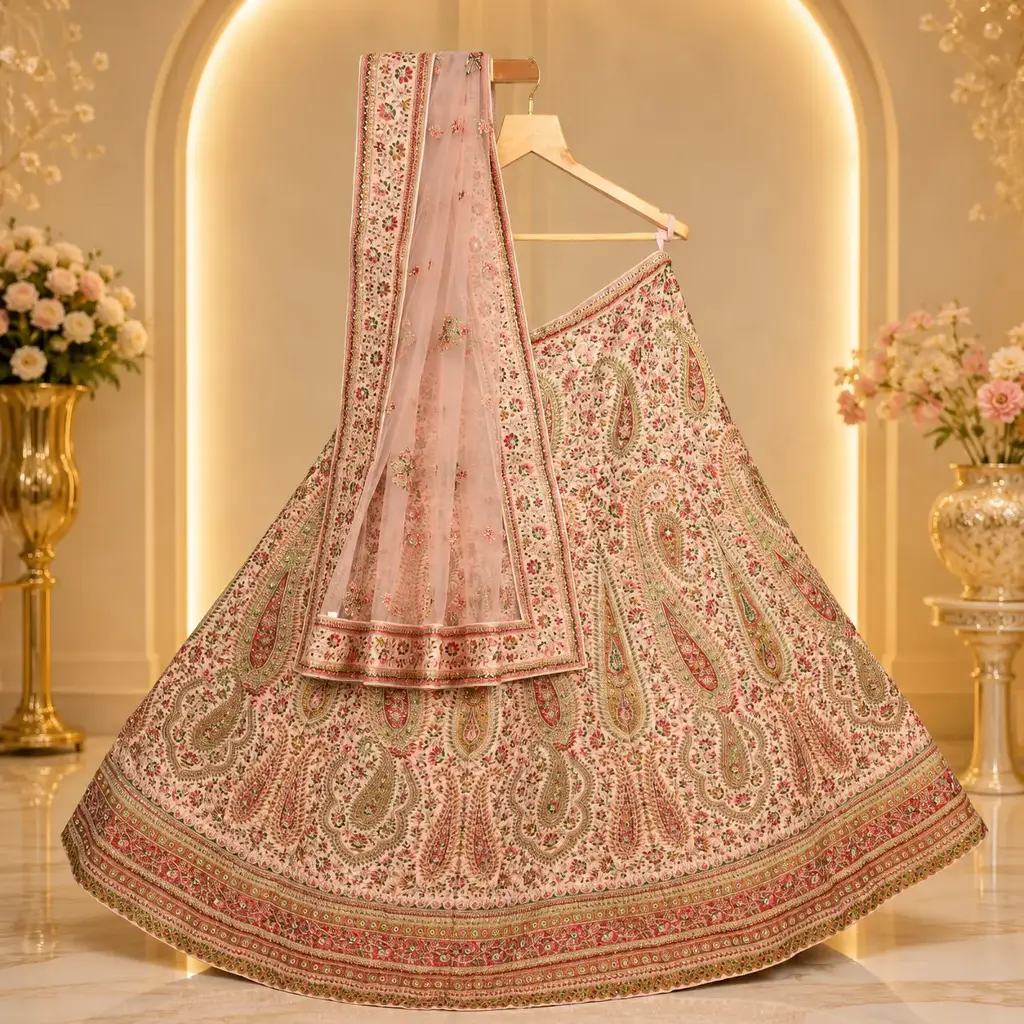 Women's Ivory Pink Embroidered Lehenga Choli with Net Dupatta