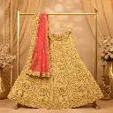 Women's Mustard Lehenga Choli with Floral Embroidery and Coral Net Dupatta