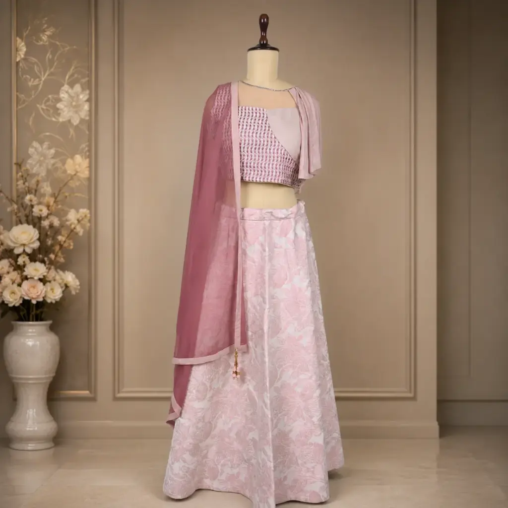 Women's Blush Pink Printed Lehenga Choli with Draped Dupatta for Wedding Reception and Festive Wear