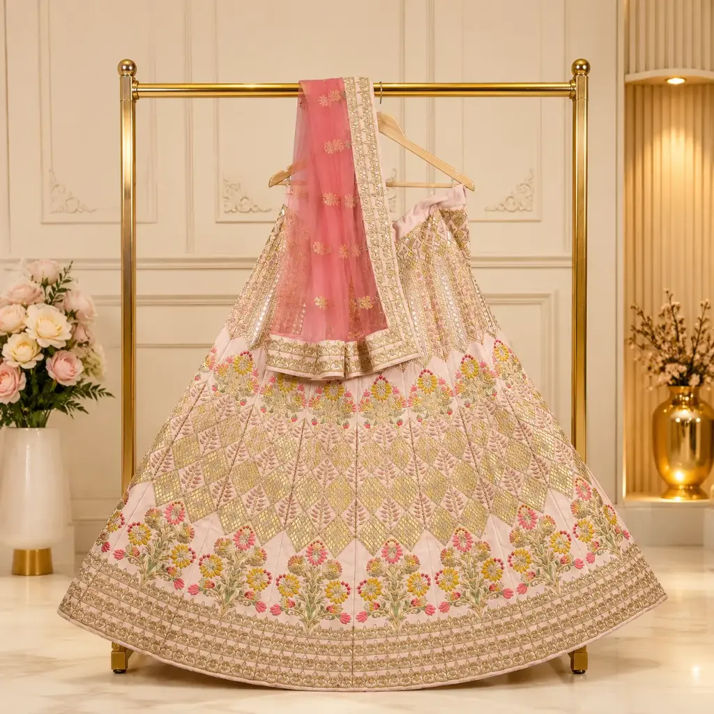 Women's Blush Pink Lehenga Choli with Floral Embroidery and Coral Net Dupatta