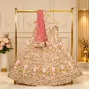 Women's Blush Pink Lehenga Choli with Floral Embroidery and Coral Net Dupatta