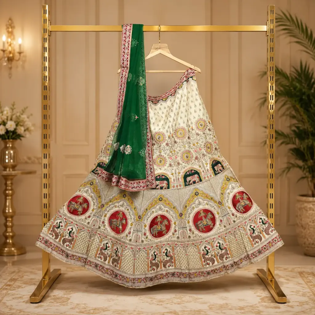 Women's Ivory Lehenga Choli with Elephant Embroidery and Green Dupatta