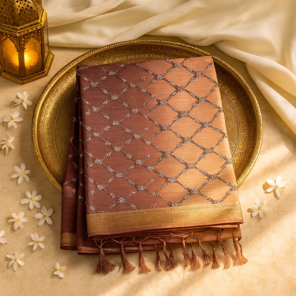 Elegant Ombre Sequined Saree with Intricate Lattice Embroidery