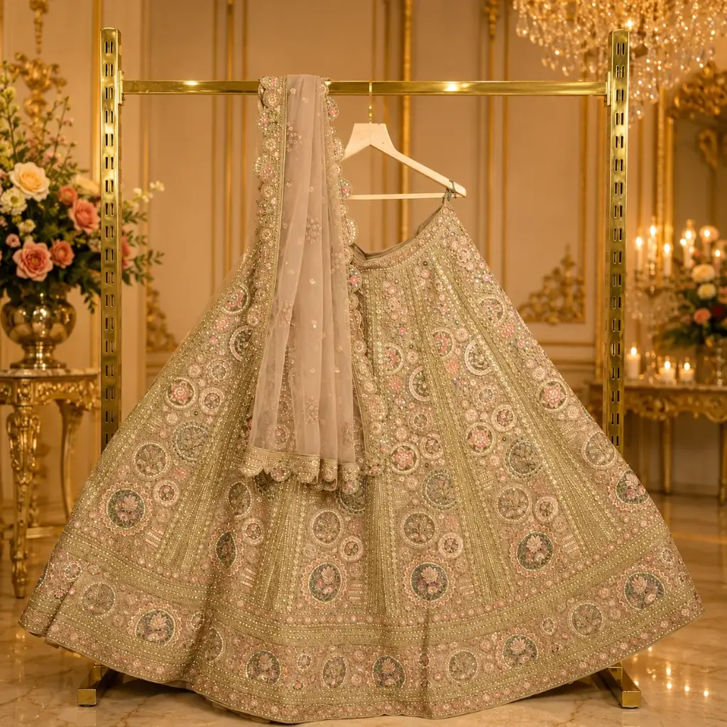 Women's Champagne Gold Bridal Lehenga Choli with Sequins, Floral Embroidery and Matching Net Dupatta