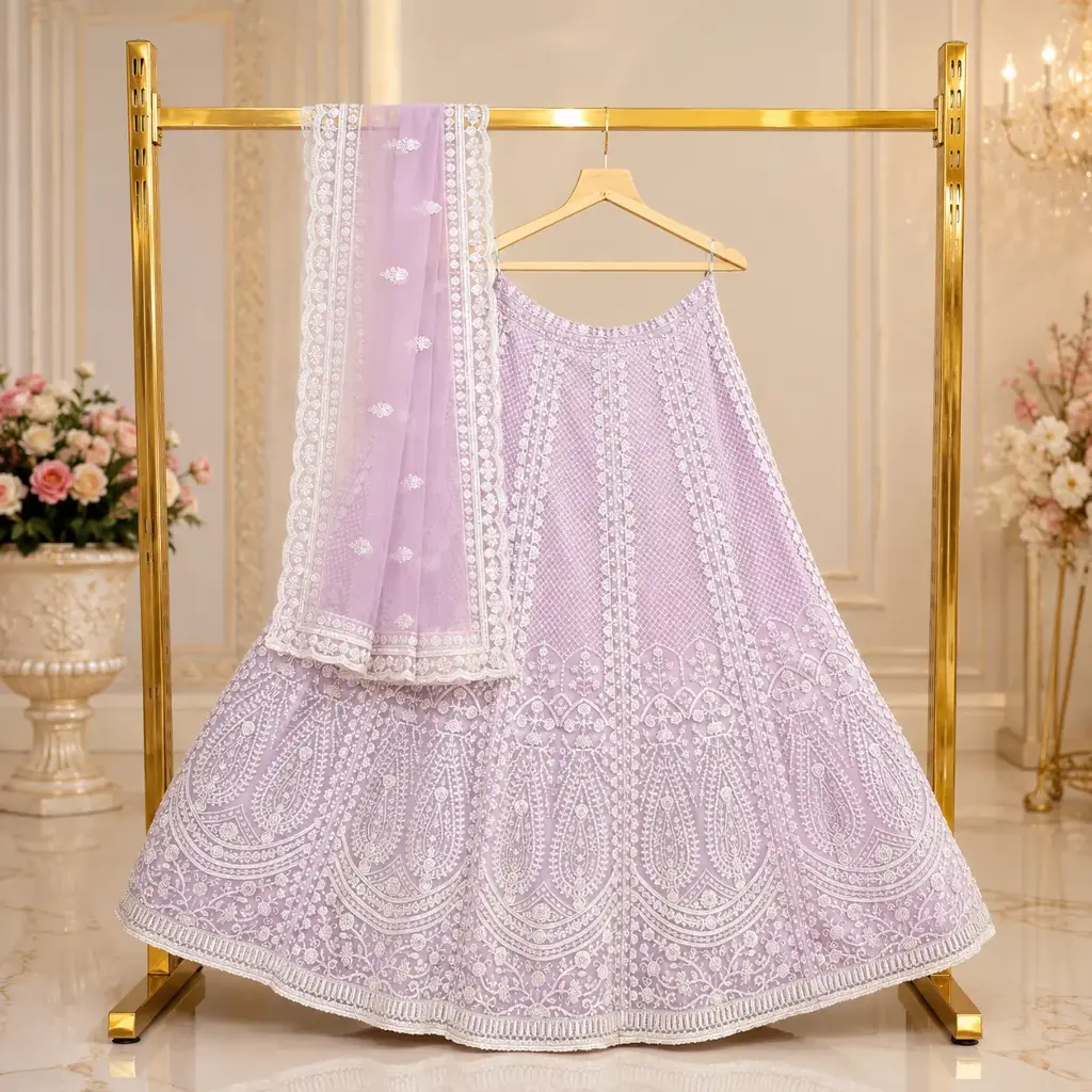 Women's Lavender Embroidered Lehenga Choli with Matching Dupatta