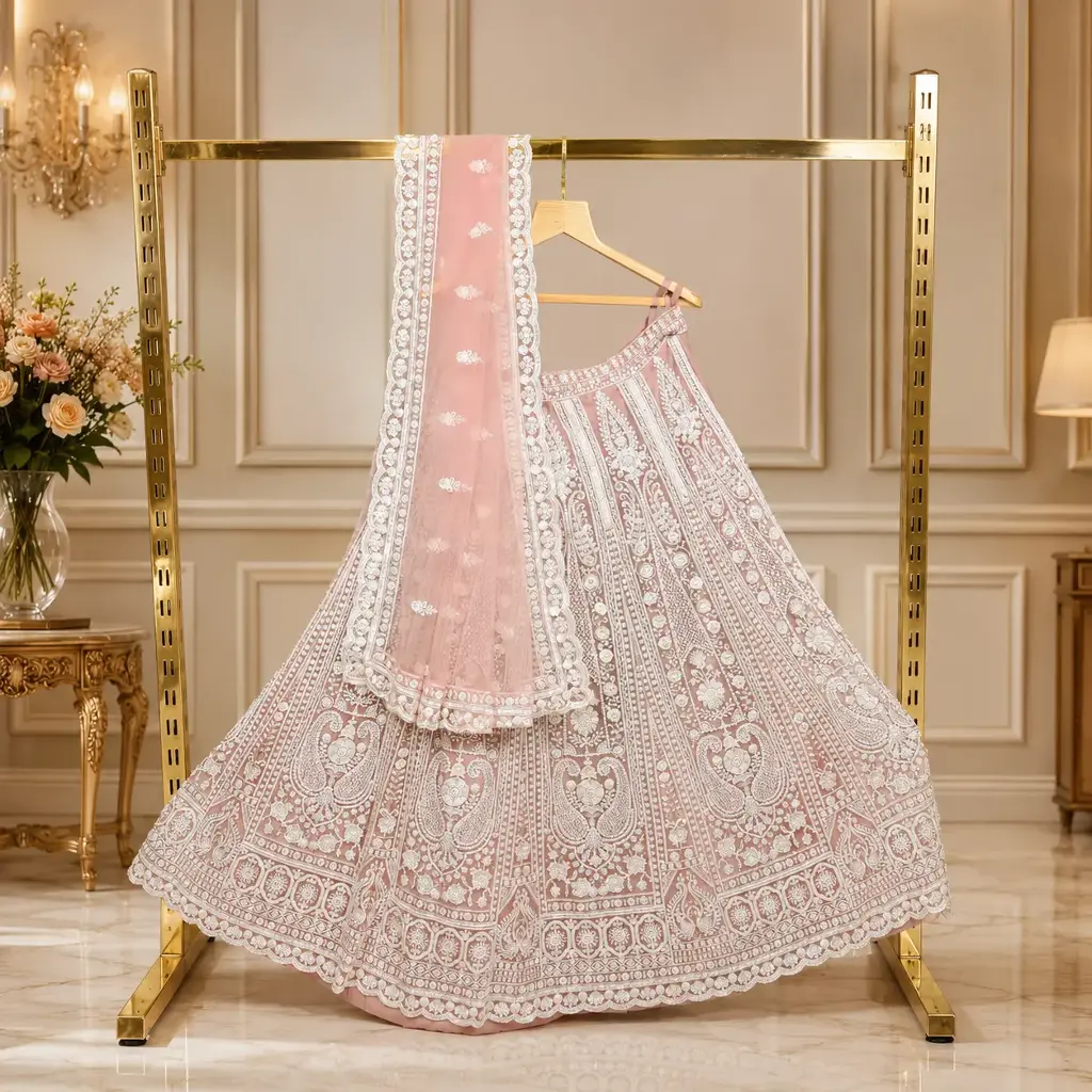 Women's Blush Pink Lehenga Choli with White Embroidery & Matching Dupatta