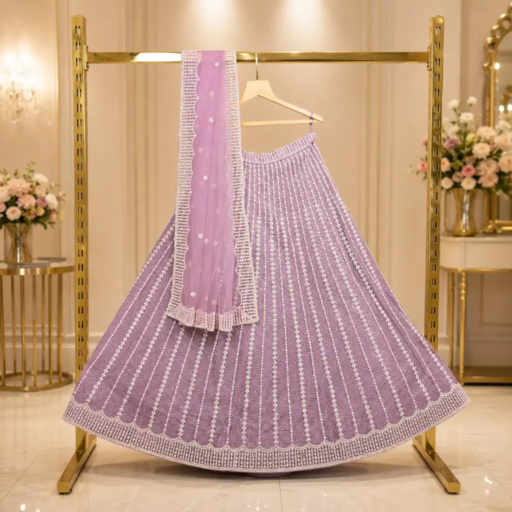 Women's Lavender Lehenga Choli with Pearl Sequin Work & Matching Dupatta
