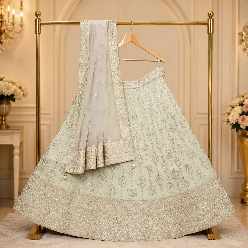 Women's Ivory Mint Lehenga Choli with Gold Sequin Embroidery & Matching Dupatta