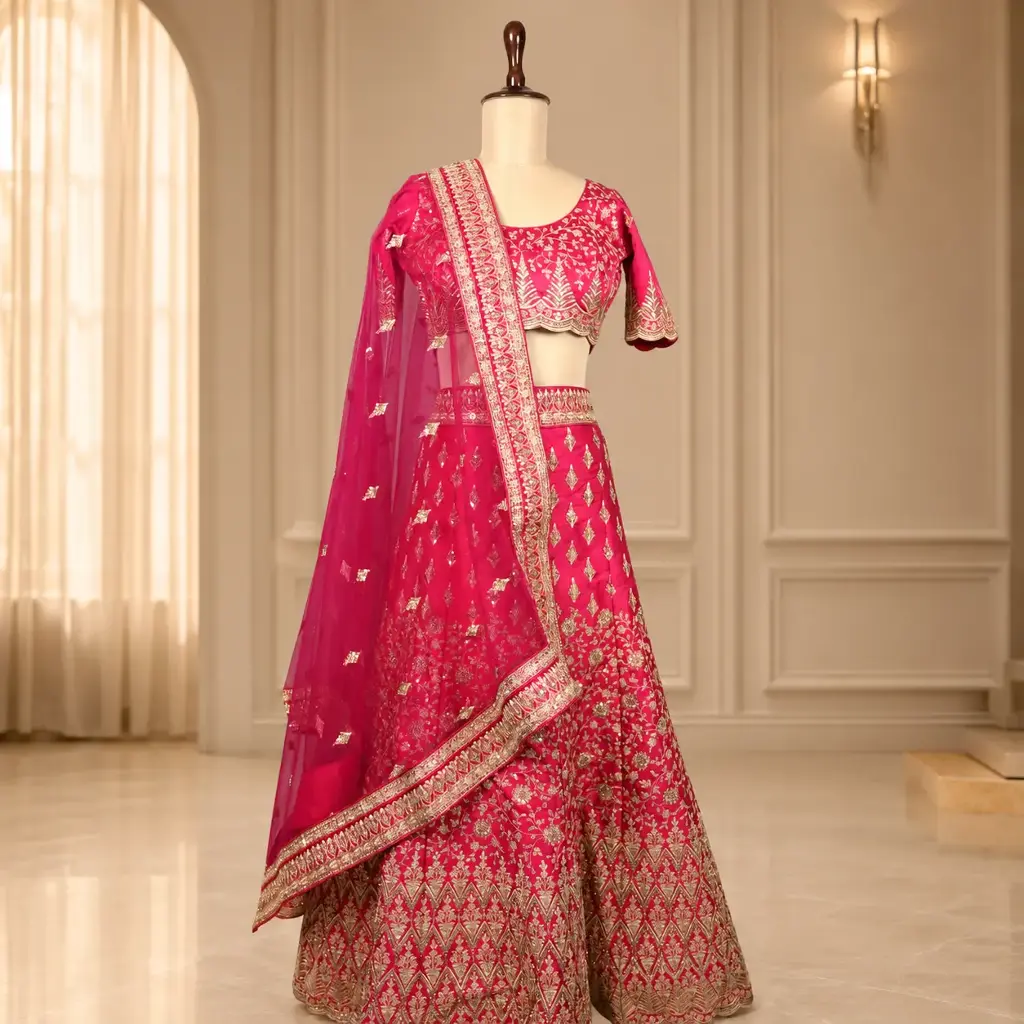 Women's Pink Bridal Lehenga Choli with Gold Embroidery and Net Dupatta