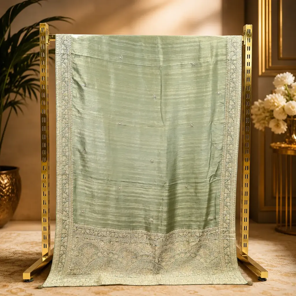 Pista Green Sequin Embellished Saree with Floral Border
