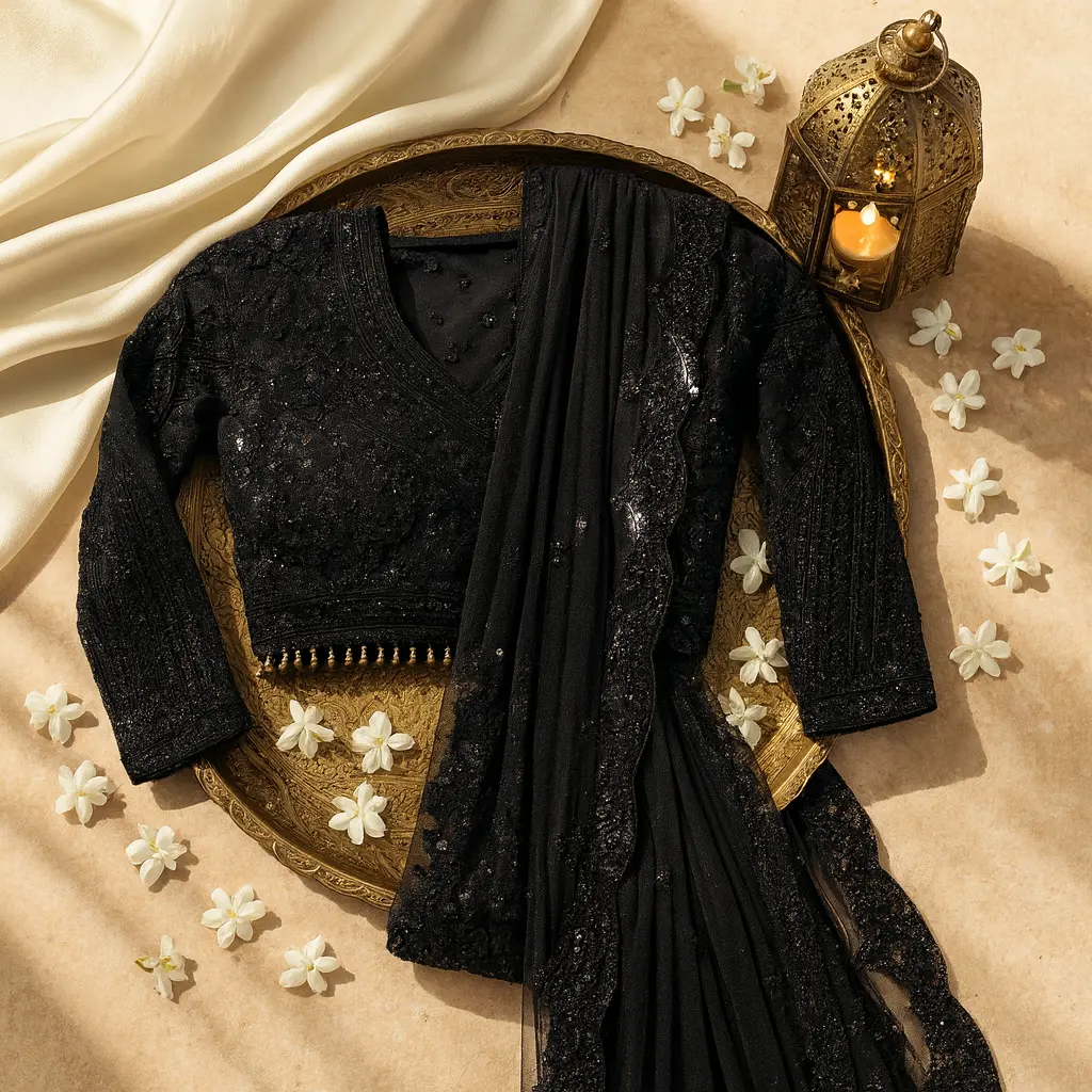 Elegant Black Net Saree with Heavy Sequin Embroidery Work