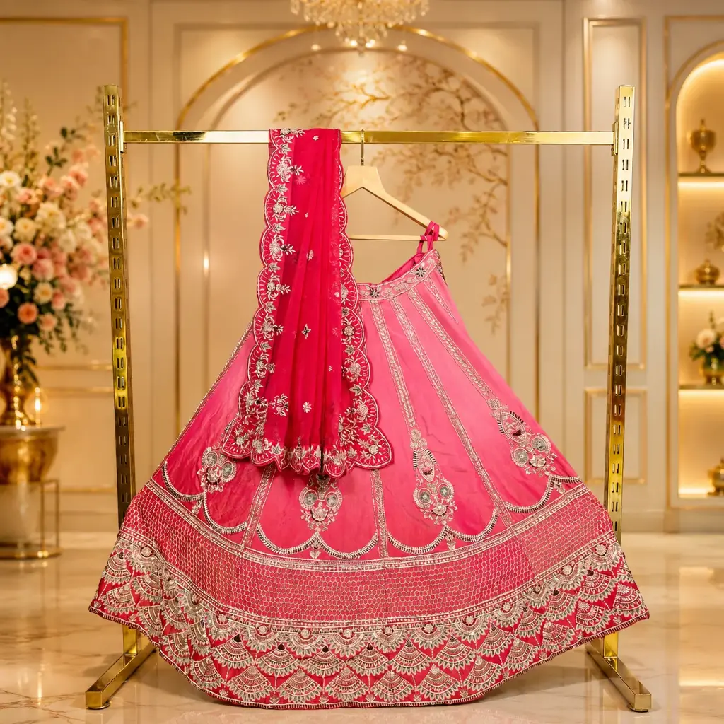 Women's Pink Bridal Lehenga Choli with Silver Embroidery and Matching Dupatta