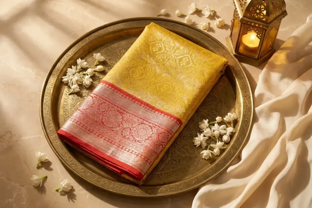 Radiant Yellow and Red Banarasi Silk Brocade Saree