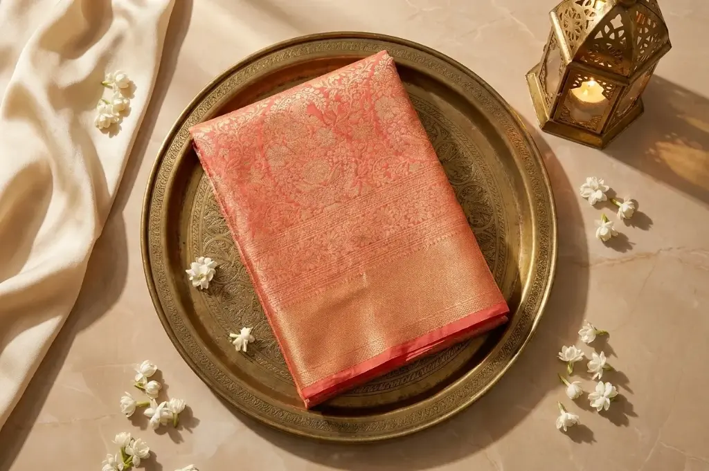 Coral Peach Pure Silk Saree with Intricate Zari Weave
