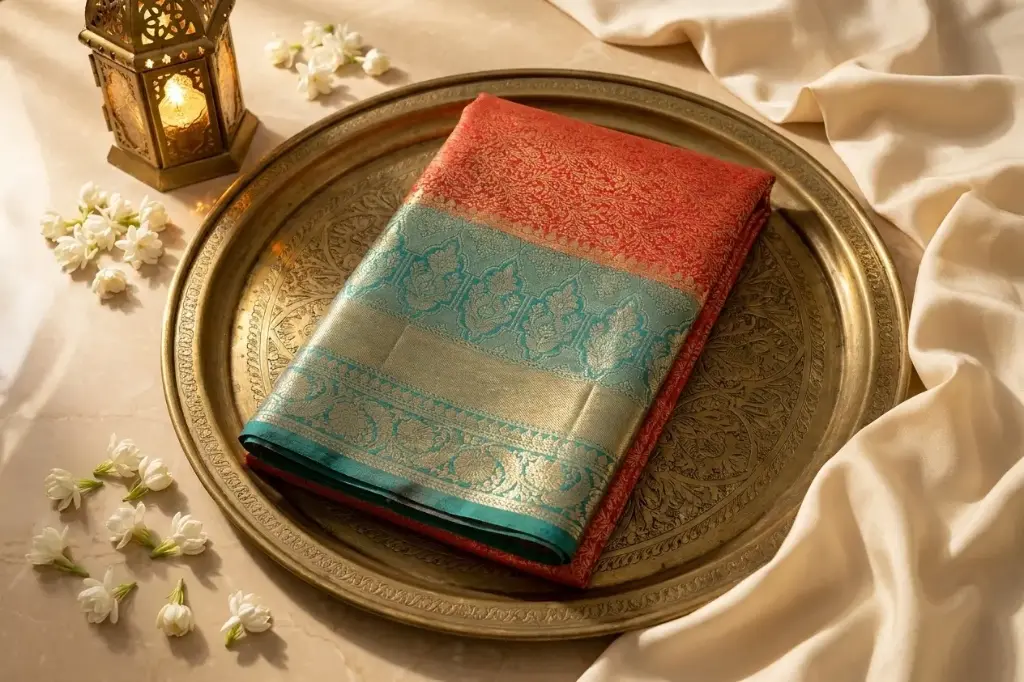 Dual-Tone Crimson and Peacock Teal Banarasi Silk Saree