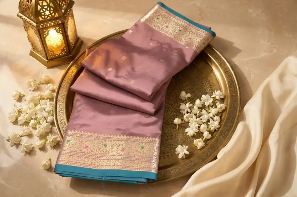 Dusty Mauve and Peacock Teal Banarasi Silk Saree