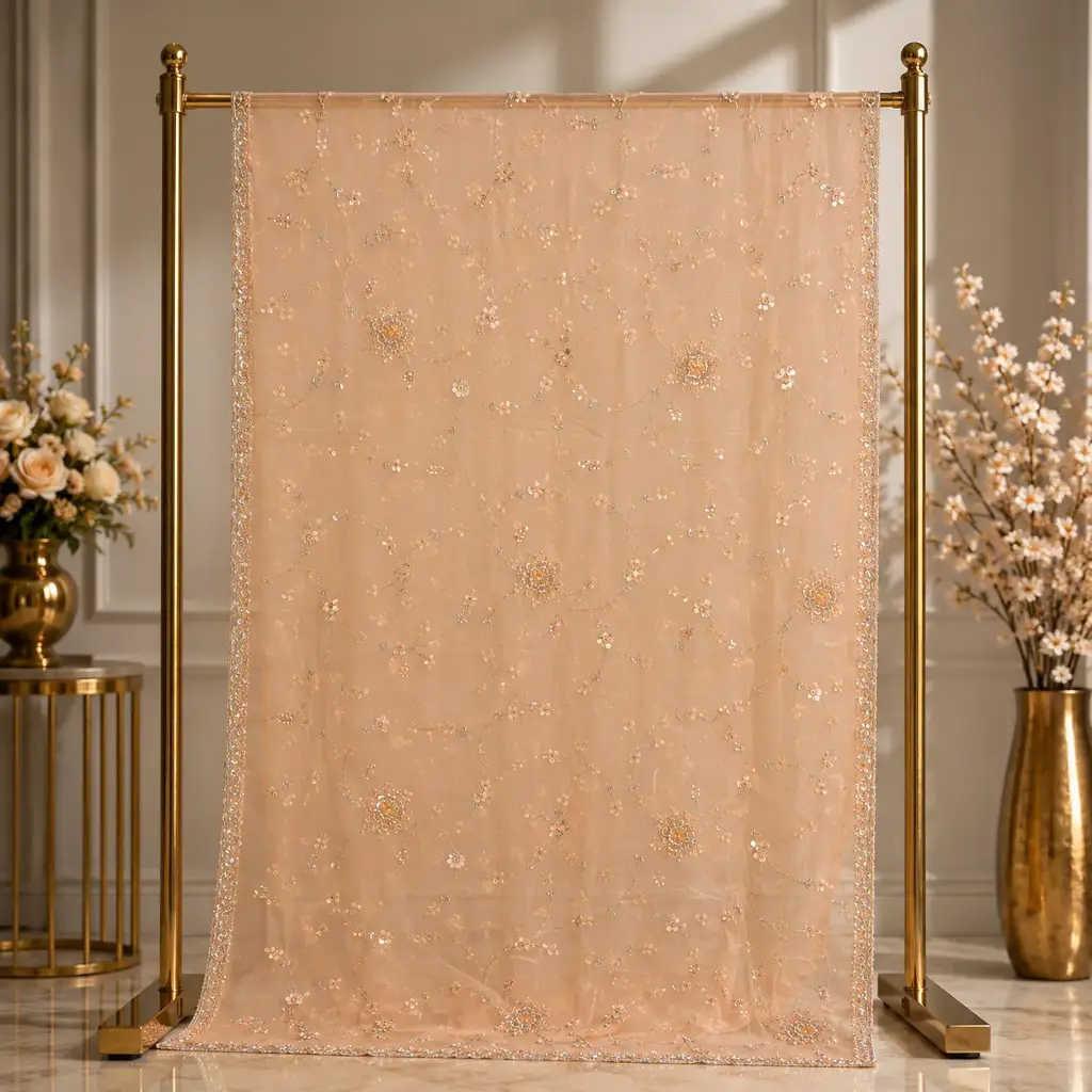 Elegant Peach Net Saree with Floral Vine Embroidery and Sequin Border