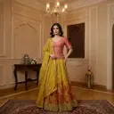 Mustard Yellow Pleated Floral Lehenga with Embroidered Blouse