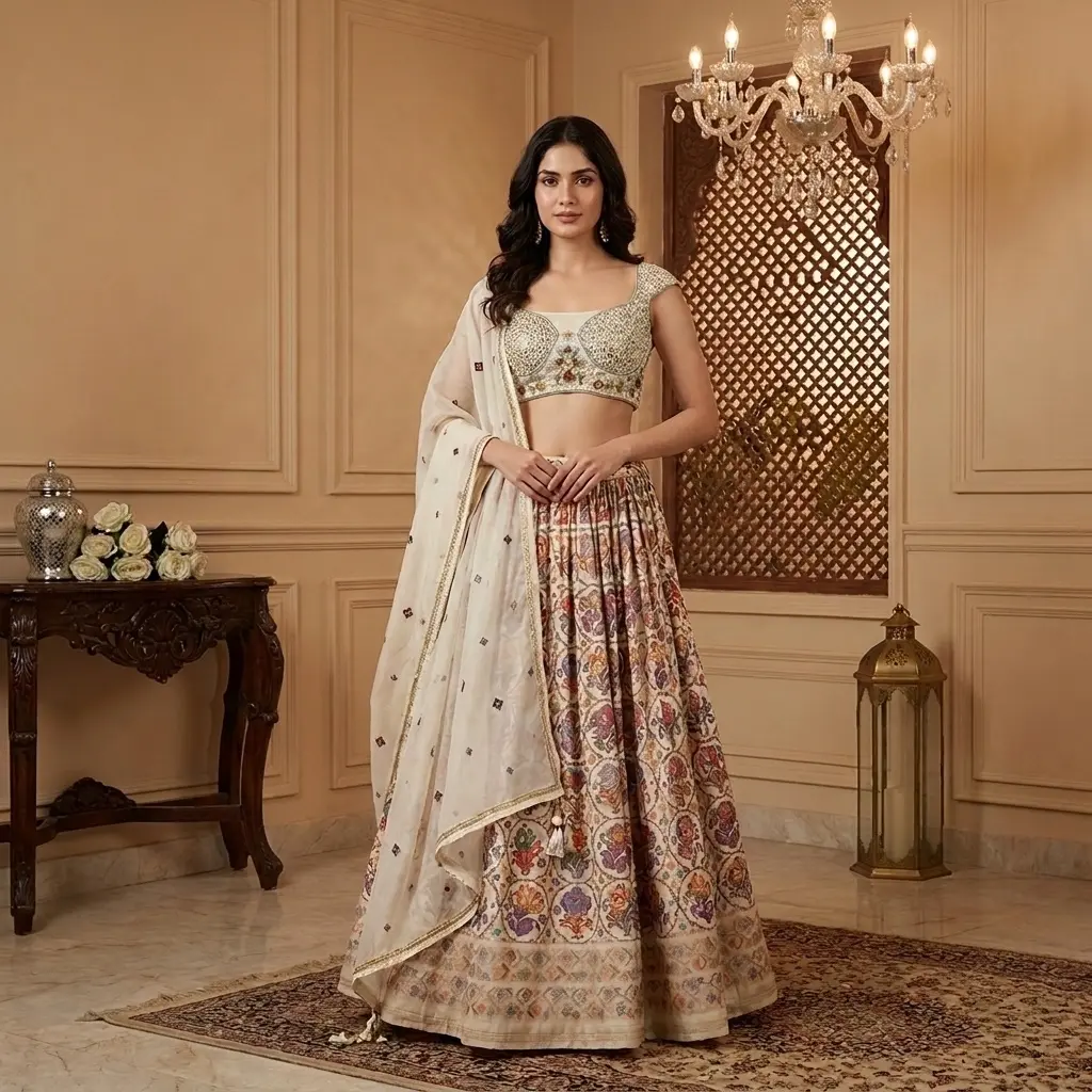 Cream Silk Patola Print Lehenga Set with Embroidered Blouse