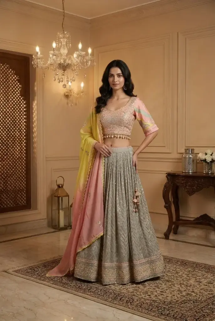 Grey Georgette Embroidered Lehenga with Peach Embroidered Crop Blouse
