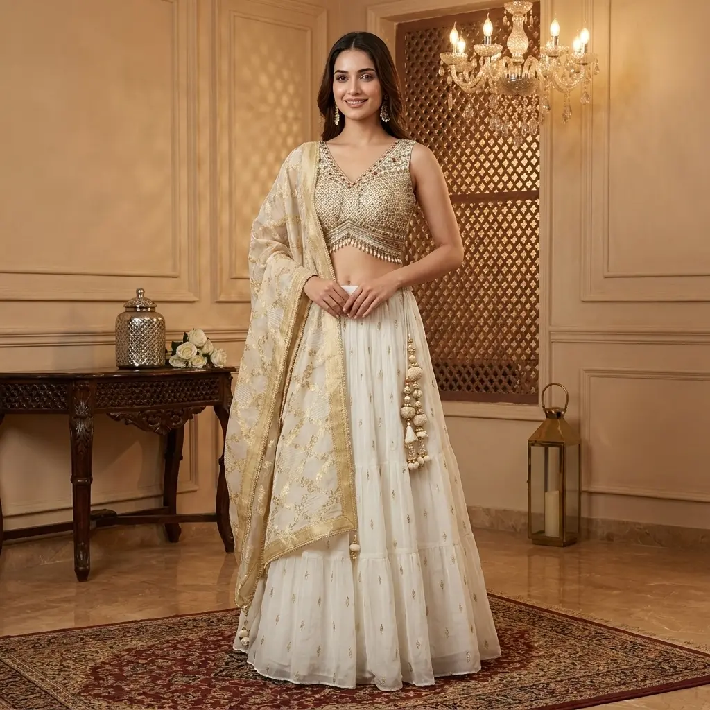 Ivory Embellished Crop Top Lehenga Set with Zari Dupatta