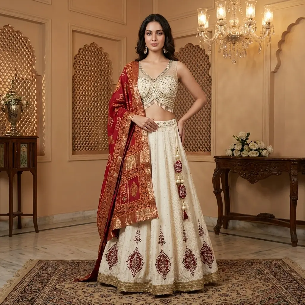 Off-White Embroidered Lehenga Set with Red Bandhani Dupatta