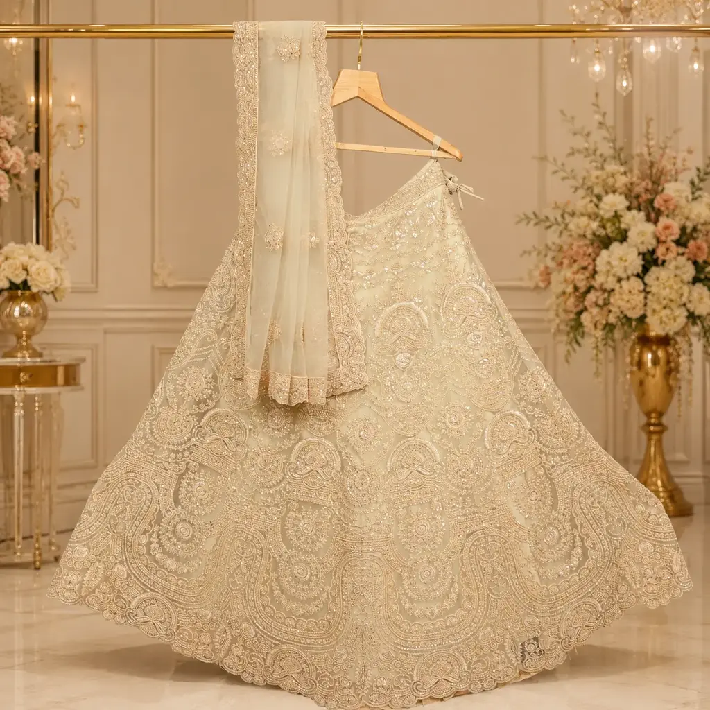 Champagne Bridal Lehenga Choli with Heavy Embroidery and Matching Dupatta