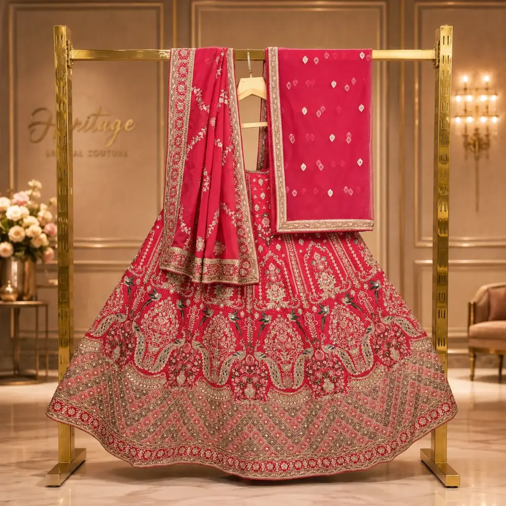 Women's Rani Pink Bridal Lehenga Choli with Embroidered Dupatta