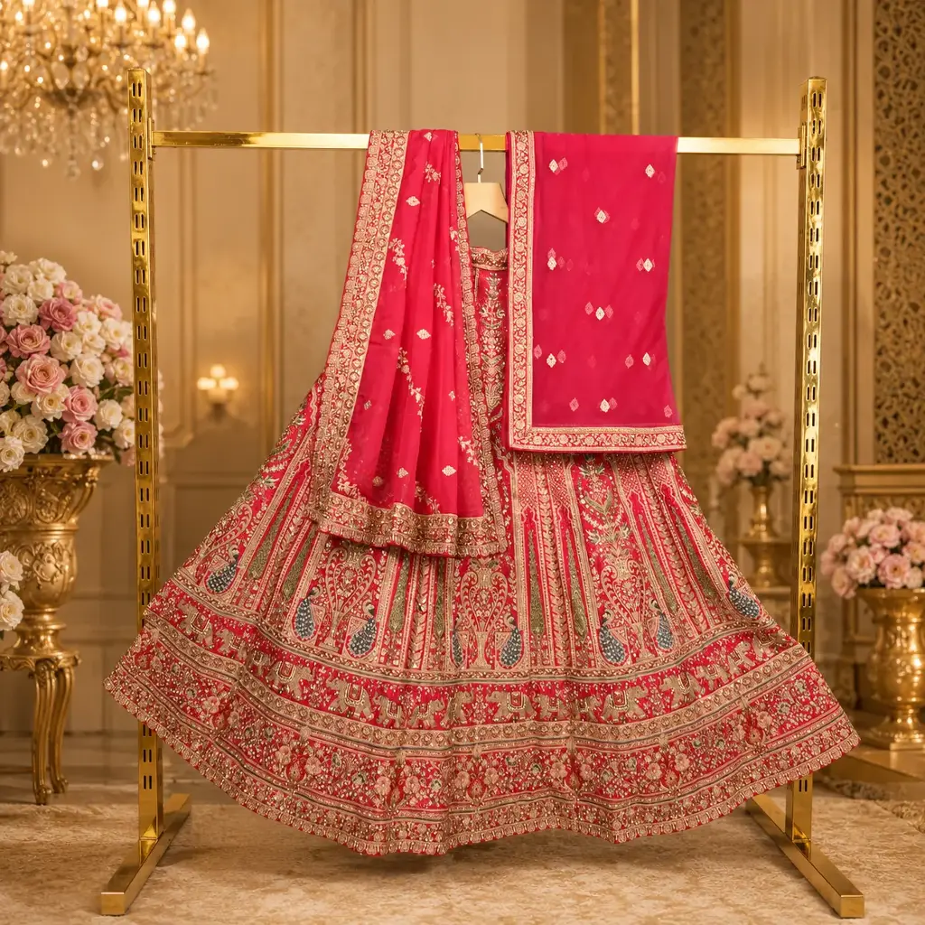 Rani Pink Bridal Lehenga Choli with Heavy Gold Embroidery and Matching Dupatta